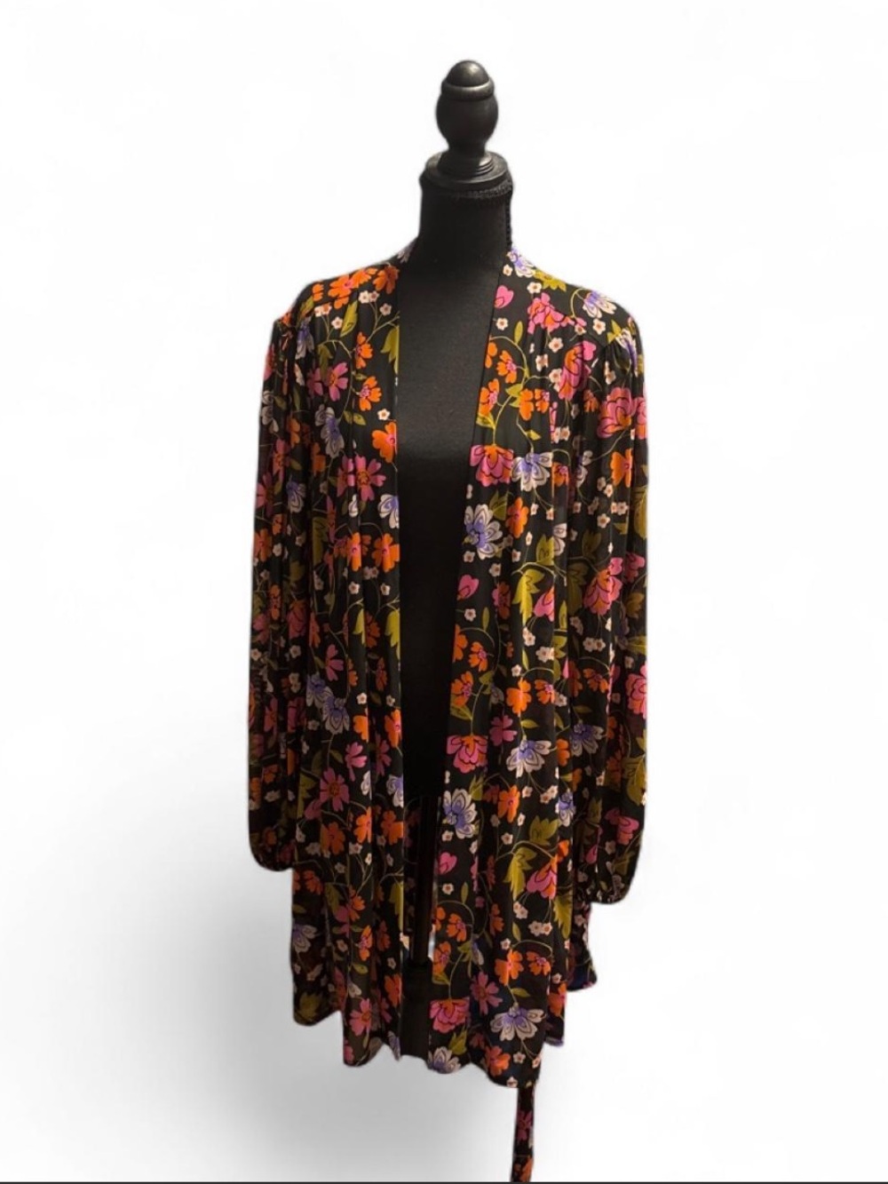 CAbi Black Floral kimono robe with Pink, Orange & Yellow Blooms